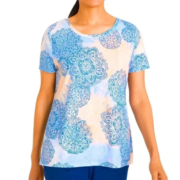 CHICOS Zenergy Tie-Dye Medallion-Print Tee T Shirt Blue Orange Blouse - Picture 2 of 8